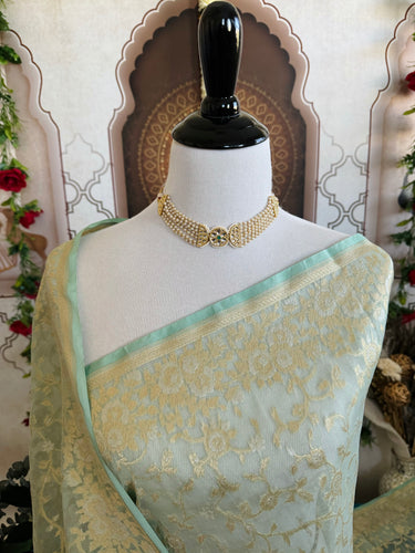 Silk Organza Saree | Light Sea Green | Gold & Silver Zari | Handwoven | Ships from California